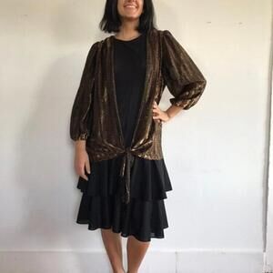 Vintage Black & Gold Tiered Party Dress, 1970s, Risa Ann New York